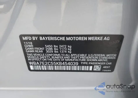 2019 BMW 740I z USA, uszkodzony, nr VIN WBA7E2C55KB454039